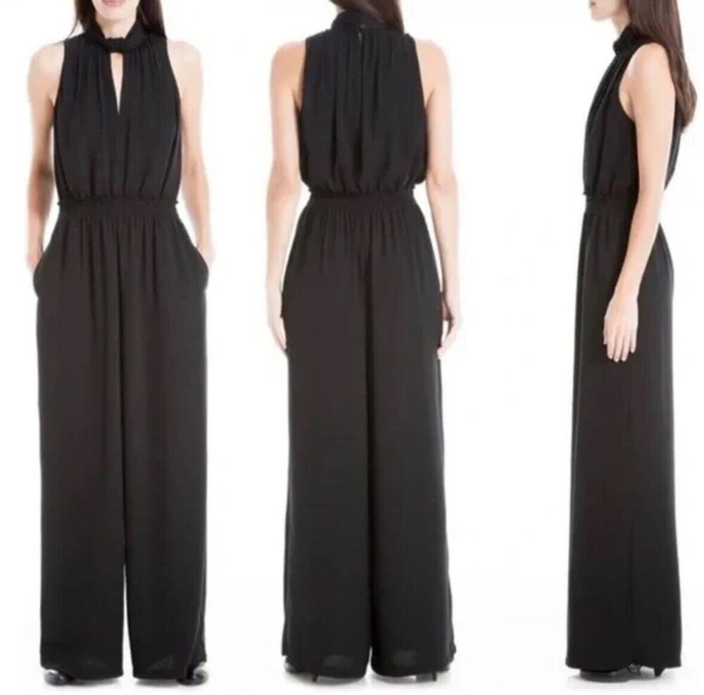 NEW MAX STUDIO Womens Black Halter Sleeveless V Neck Tunic Jumpsuit Sz Large NWT